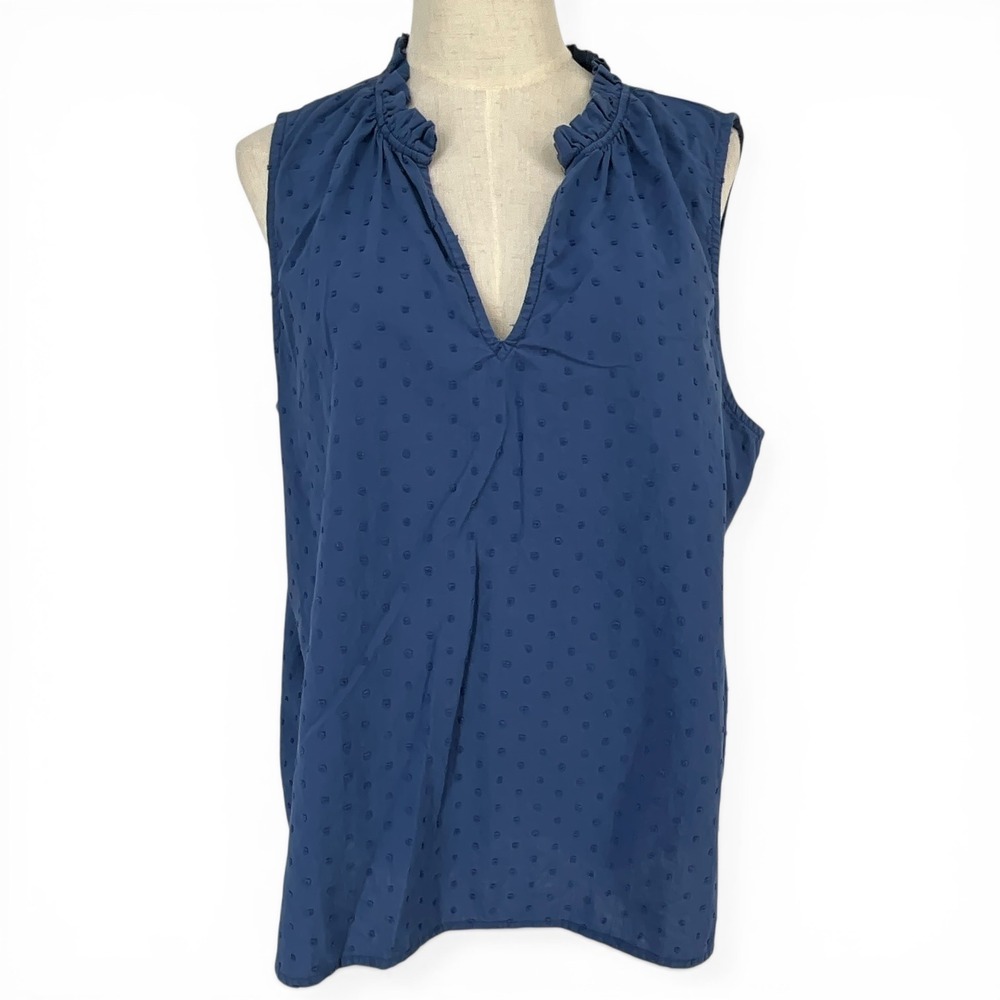 Southern Tide Blue Swiss Dot Ruffle Neck Sleeveless V-Neck Cotton Top XL Beach